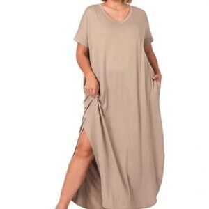 NEW ZENANA Ash Mocha Short Sleeve V-Neck Maxi Dress wSide Slits Size 1X